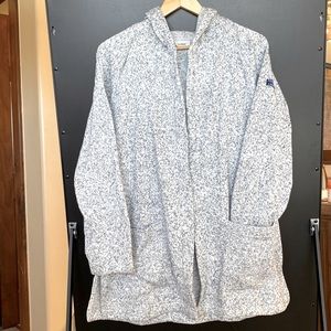 LL Bean long cardigan, fleece material, heather grey.